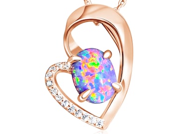 Rose Gold Plated Heart Pendant Multi colours – Created Opal, Sterling Silver & Cubic Zirconia