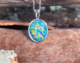 Sterling Silver Necklace - 12x10mm Green Blue Created Opal Pendant