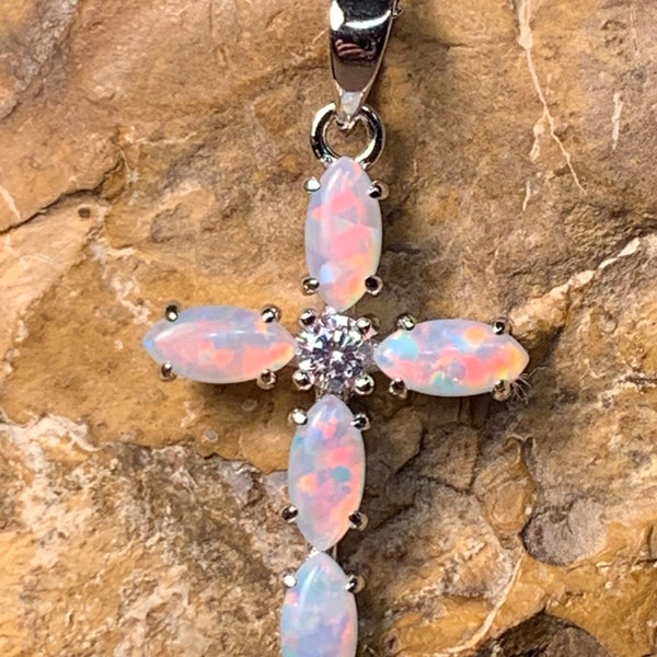 Heart's Art Australia- Play of Colour - Sterling Silver Classic Cross pendant Created 6x4mm Solid White Fire Opal - Great Gift for women!