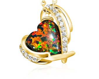 Gold Plated Sterling Silver Created Opal Heart Necklace – Red Green Black Fire
