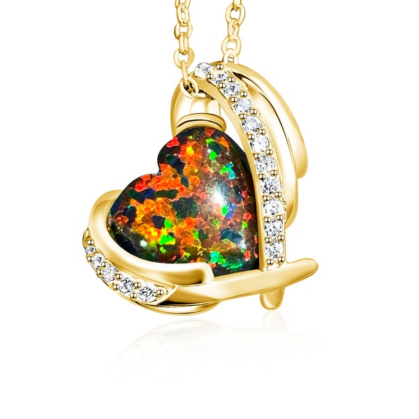 Heart's Art Australia- Play of Colour- Large Yellow Gold over Sterling Silver Heart necklace Created 10mm Solid Black Red Fire Opal pendant