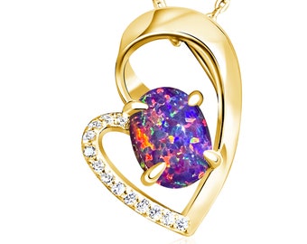 Gold-Plated Sterling Silver Heart Pendant – Lab-Created Purple Pink Created Opal & Cubic Zirconia