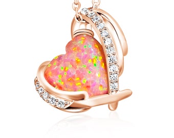 Rose Gold Plated Sterling Silver Necklace - Peach Pink Created Opal Heart Pendant
