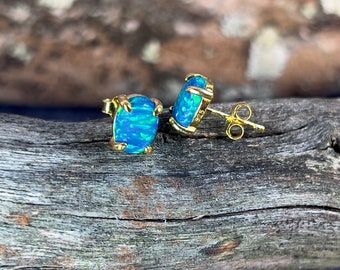 Sterling Silver Created Opal Stud Earrings - Iridescent Green Blue (8x6mm)