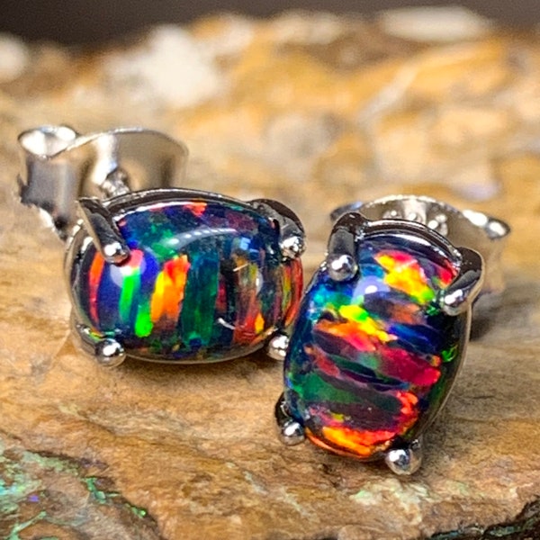 Heart's Art Australia- Play of Color - Pair of Sterling Silver Created 7x5mm Solid Fire Black Opal stud earrings- Great Gift for everyday!