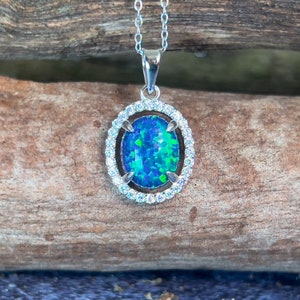 Blue Green Opal Pendant – Sterling Silver Halo, 10x8mm