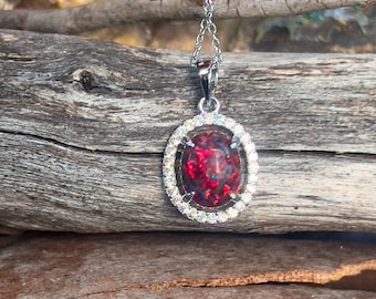 Play of Colour Australia- Volcanic Elegance Pendant - Solid Lab Made Red Black Opal in Sterling Silver - 10x8mm Unique Jewelry