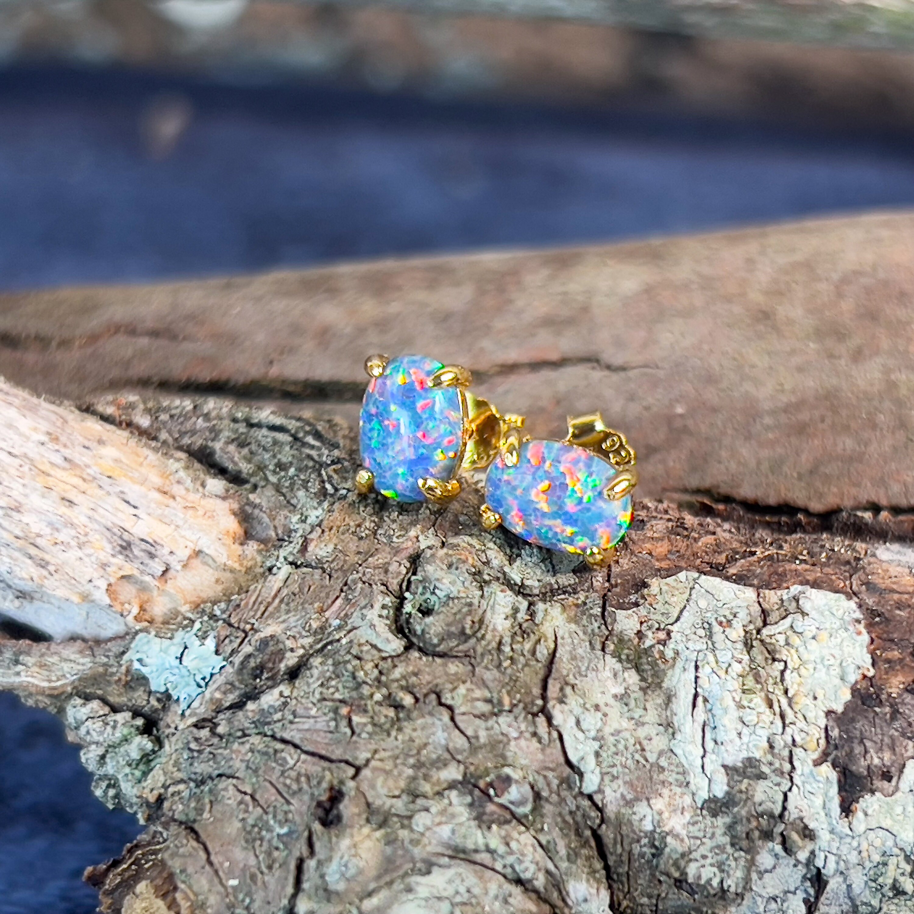 Heart's Art Australia- Play of Colour- Sterling Silver Created 7x5mm Solid Blue Green Red Opal stud earrings- Great Gift for everyday wear!
