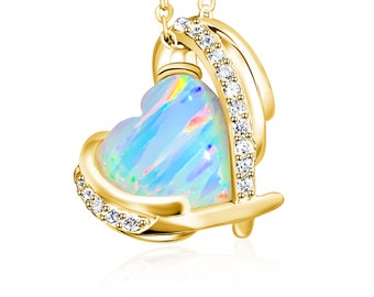 Fire Created Opal Heart Necklace - Yellow Gold Plated Sterling Silver, 10mm Created Opal Pendant