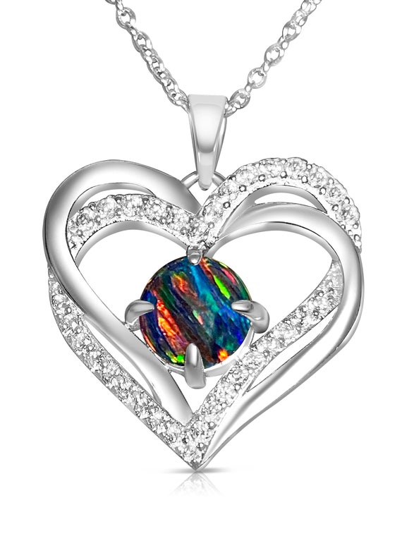 Pendentif Cœur En Or Blanc Et Opale De Feu Bleu 7 Mm - Neuf Sans Emballage - Bijou Délicat