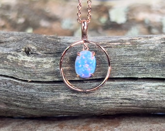 Sterling Silver Rose Gold Plated Created Opal Pendant – Light Blue Iridescent Necklace