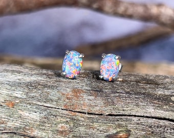 Sterling Silver Created Opal Stud Earrings – Blue, Green & Red Iridescent Gem