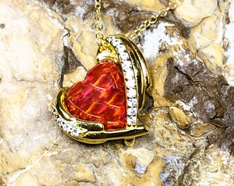 Red Fire Created Opal Heart Necklace – 18k Gold over Sterling Silver