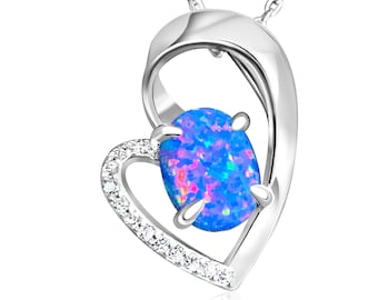 Sterling Silver Heart Pendant – Lab-Created Pink Blue Created Opal, Cubic Zirconia
