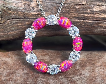 Sterling Silver Pink Fire Opal Circle Necklace – 40mm Pendant