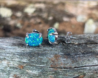 Sterling Silver Created Opal Stud Earrings – Lake Green, 8x6mm