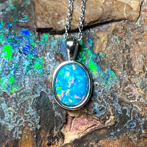Heart&#39;s Art Australia- Play of Colour - Sterling Silver 10x8mm created Solid Fire Turquoise Opal necklace minimalist- Great Gift for women!