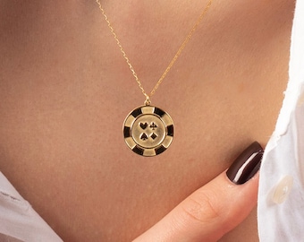 Poker Lucky Coin Dainty Necklace, Casino Chip Charm with Card Suits, Casino Theme with Four Aces Pendant to Gift for Gamblers