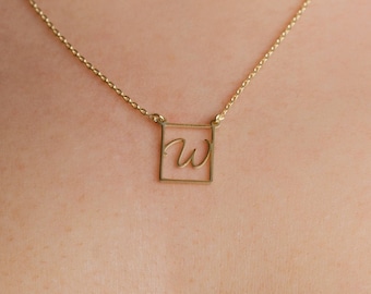 Customized Rectangle Frame Initial Necklace, Personalized Tiny Letter Necklace, Minimalist Initial Necklace, Dainty Letter Necklace