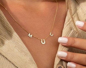 Two Initial Horseshoe Lucky Necklace, Horse Riding Personalized Monogram, Customize Letter Jewelery to Horse Lover for Christmas Gift