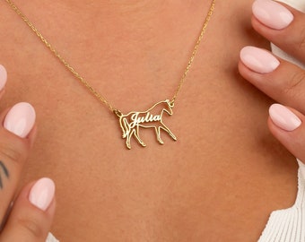 Personalized Dainty Hollow Cowgirl Horse Necklace, Minimalist Jockey Equestrian Charm with Name, Gift for Horse Lover