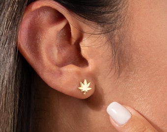 Tiny Cannabis Minimalist Earring, Dainty Dipped Marijuana Leaf Weed Stud, Christmas Gift for Hemp Lover