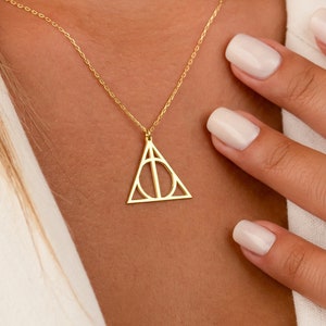 Dainty Potterhead Deathly Hallows Necklace, Witchcraft Wizard Geometric Triangle Pendant, Charm Gift to Harry P. Lover for Christmas