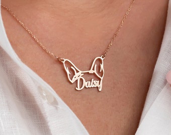 Personalized Dainty Dog Ear Name Necklace, Customize Lose Pet Name with Pet Ear Pendant, Memorial Gift for Pet Lover