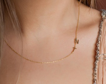 Personalized Sideways Initial Necklace, Custom Two Letter Necklace, Minimalist Sideways Letter Necklace, Dainty Initial Necklace