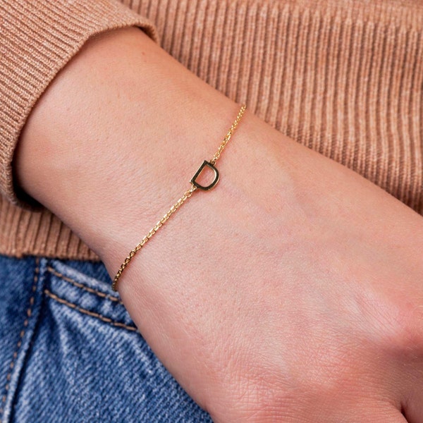 Personalized Gold Initial Bracelet, Solid Gold Letter Bracelet, Dainty Gold Bracelet, Custom Letter Bracelet, Minimalist Initial Bracelet