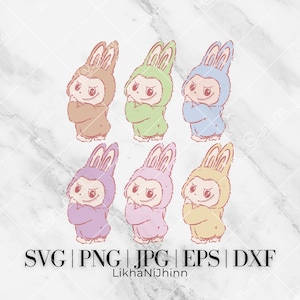 Pack of 6 cute labubu for digital download, Original Labubu Design in Pastel Tones, Labubu bundle, Labubu Svg Png Eps Dxf Jpg