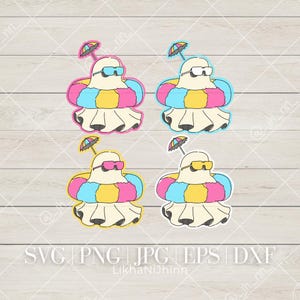 May include: Four cartoon illustrations of a ghost wearing sunglasses, a colorful inner tube, and a miniature umbrella. The ghost is white with a ruffled bottom. The inner tubes are pink, yellow, and blue. The umbrellas are multi-colored.