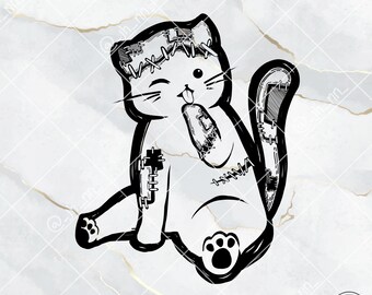 May include: Black and white illustration of a stitched up cat with a winking eye and tongue sticking out. The cat is sitting with its right paw raised and its tail curled around its body.