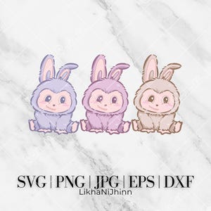 Labubu Svg for digital download, Pack of 3 Original Labubu Design in Pastel Tones, Seated Labubu bundle, Labubu Svg Png Eps Dxf Jpg