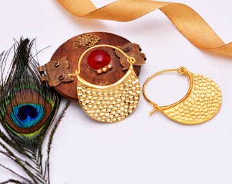 Gold Texture Moon Hoop Earrings: Minimalist Dangle Earrings