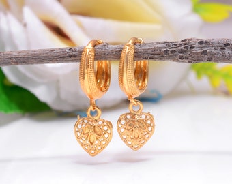 Gold Plated Heart Drop Huggie Hoops: Tarnish Free Earrings