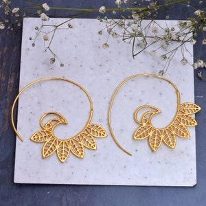 Gold Leaf Spiral Hoop Earrings: Elegant Bridesmaid Jewelry