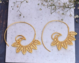 Gold Leaf Spiral Hoop Earrings: Elegant Bridesmaid Jewelry