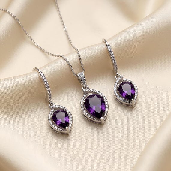 Amethyst Crystal Pendant Necklace and Earrings Set, Pear Cut Purple Crystal Jewelry Set, Silver Bridal Gift Set, CZ Accented Jewelry