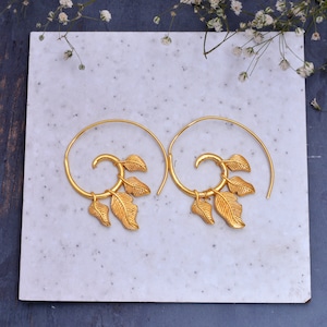 Dainty Gold Leaf Spiral Hoop Earrings
