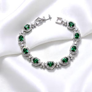 Green Emerald Crystal Tennis Bracelet, Silver Cubic Zirconia Halo Art Deco Statement Bracelet, Bridal Wedding Jewelry, Gift for Her