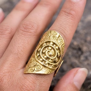Handmade Brass Spiral Statement Ring | Boho Tribal Gold Tone Jewelry