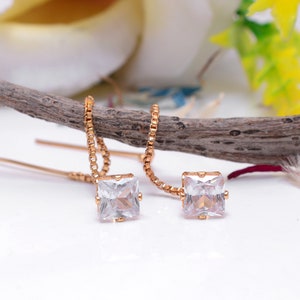 Dainty threader earrings, Cz threader chain, Chain earrings, Cz minimalist earrings, Dainty earrings, Delicate earrings, Tiny cz earrings