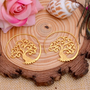 Gold Tree of Life Spiral Hoop Earrings | Boho Sacred Tree Earrings | Minimalist Nature Jewelry | Gift for Her