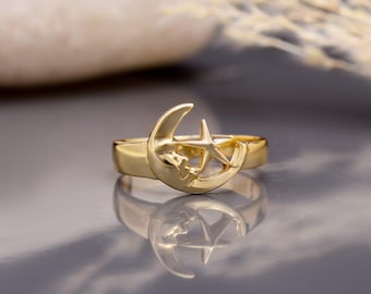 Gouden maansikkel en sterring | Verstelbare hemelsieraden