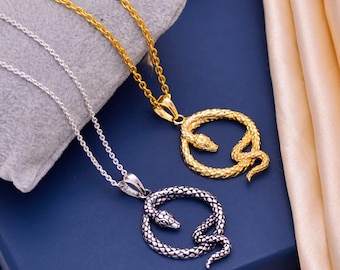 Colar Serpente Ouroboros Prateada | Pingente Círculo de Serpente | Joia Gótica | Colar Simbólico da Vida Eterna