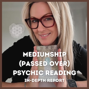 May include: A woman wearing glasses holds a card with the words "MEDIUMSHIP (PASSED OVER) PSYCHIC READING IN-DEPTH REPORT." The card has a forest scene with a blue orb. The image includes the text "SELINDA DANIELLE PSYCHIC MEDIUM."