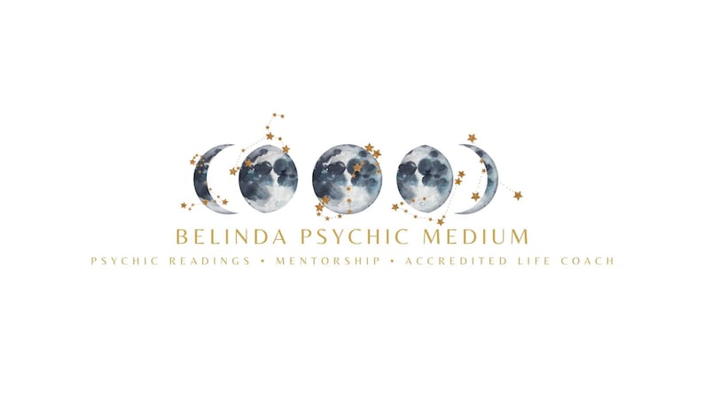 May include: A logo featuring five watercolour moon phases in shades of blue and grey, accented with gold stars and constellations. The text reads BELINDA PSYCHIC MEDIUM, followed by the smaller text PSYCHIC READINGS &bull; MENTORSHIP &bull; ACCREDITED LIFE COACH.