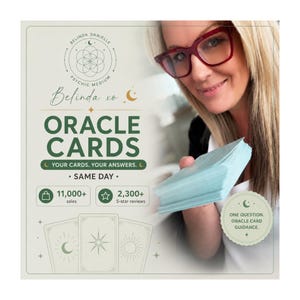 May include: A deck of light blue oracle cards held in front of a promotional graphic featuring the text Belinda Danielle Psychic Medium, Oracle Cards, Your Cards. Your Answers., Same Day, 11,000+ sales, 2,300+ 5-star reviews, and One Question. Oracle Card Guidance.