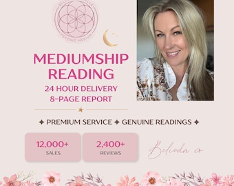 Puede incluir: Un gráfico digital que presenta el retrato de una mujer rubia junto al texto: BELINDA DANIELLE PSYCHIC MEDIUM, MEDIUMSHIP READING, 24 HOUR DELIVERY, 8-PAGE REPORT, PREMIUM SERVICE, GENUINE READINGS, 12,000+ SALES, 2,400+ REVIEWS y Belinda xo.
